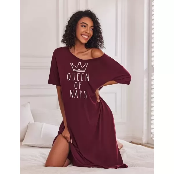 imageEkouaer Long Nightgown for Women Short Sleeve Sleepwear Plus Size Loungewear with Pockets MXXXLWine Red Crown