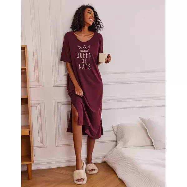 imageEkouaer Long Nightgown for Women Short Sleeve Sleepwear Plus Size Loungewear with Pockets MXXXLWine Red Crown