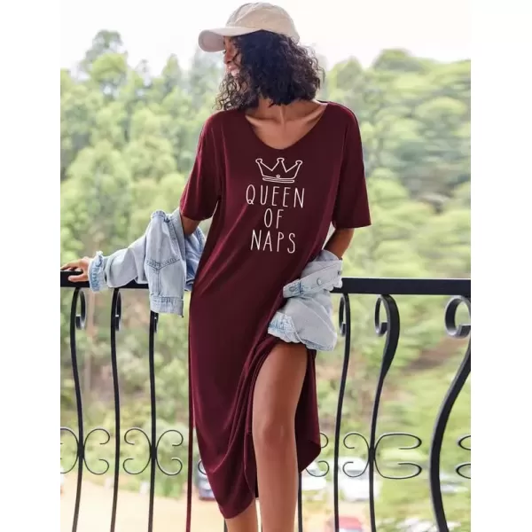 imageEkouaer Long Nightgown for Women Short Sleeve Sleepwear Plus Size Loungewear with Pockets MXXXLWine Red Crown