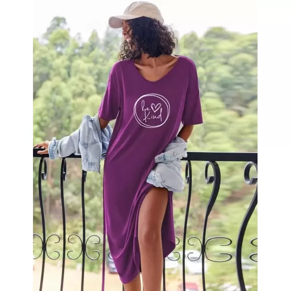 imageEkouaer Long Nightgown for Women Short Sleeve Sleepwear Plus Size Loungewear with Pockets MXXXLWineberry Heart