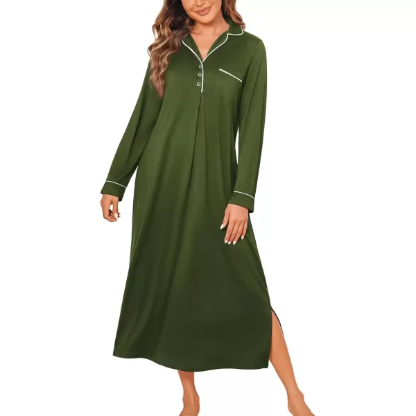 imageEkouaer Nightgowns for Women Long Sleeves Nightgown Soft Sleepwear Button V Neck Sleepshirt Long Nightgown SXXLArmy Green