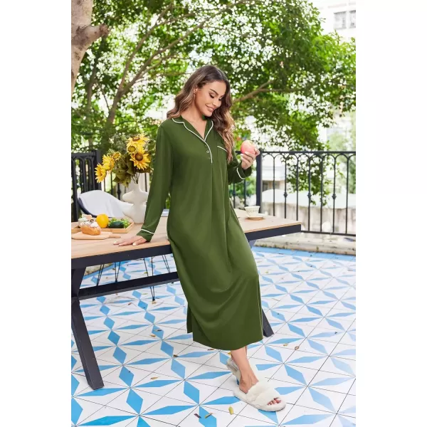 imageEkouaer Nightgowns for Women Long Sleeves Nightgown Soft Sleepwear Button V Neck Sleepshirt Long Nightgown SXXLArmy Green