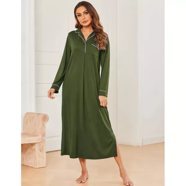 imageEkouaer Nightgowns for Women Long Sleeves Nightgown Soft Sleepwear Button V Neck Sleepshirt Long Nightgown SXXLArmy Green