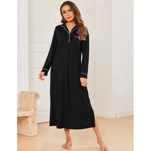 imageEkouaer Nightgowns for Women Long Sleeves Nightgown Soft Sleepwear Button V Neck Sleepshirt Long Nightgown SXXLBlack