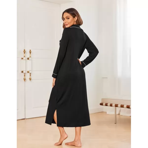 imageEkouaer Nightgowns for Women Long Sleeves Nightgown Soft Sleepwear Button V Neck Sleepshirt Long Nightgown SXXLBlack