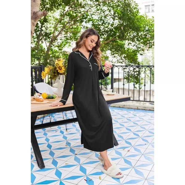 imageEkouaer Nightgowns for Women Long Sleeves Nightgown Soft Sleepwear Button V Neck Sleepshirt Long Nightgown SXXLBlack