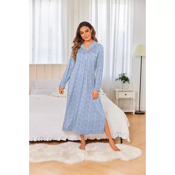 imageEkouaer Nightgowns for Women Long Sleeves Nightgown Soft Sleepwear Button V Neck Sleepshirt Long Nightgown SXXLBlue Flower