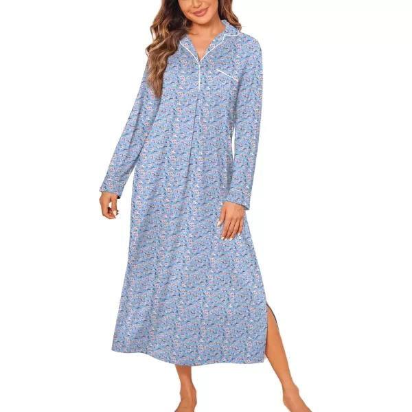 imageEkouaer Nightgowns for Women Long Sleeves Nightgown Soft Sleepwear Button V Neck Sleepshirt Long Nightgown SXXLBlue Flower