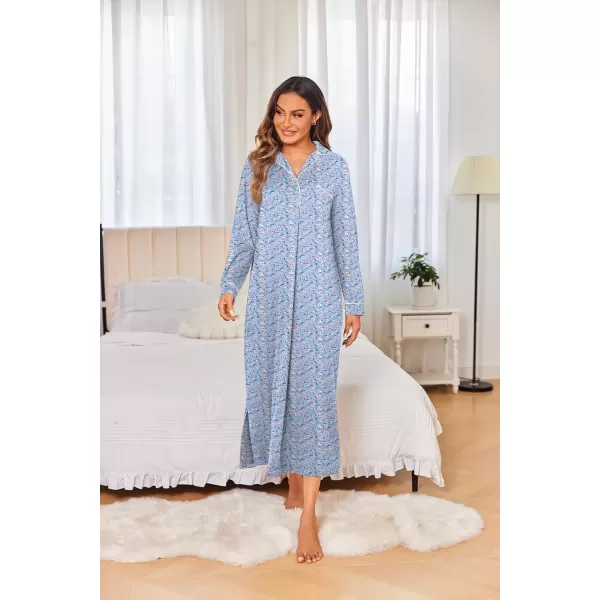 imageEkouaer Nightgowns for Women Long Sleeves Nightgown Soft Sleepwear Button V Neck Sleepshirt Long Nightgown SXXLBlue Flower