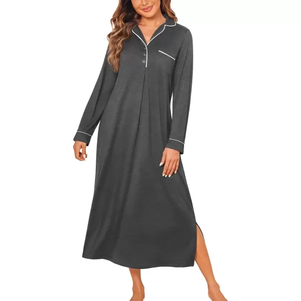 imageEkouaer Nightgowns for Women Long Sleeves Nightgown Soft Sleepwear Button V Neck Sleepshirt Long Nightgown SXXLDark Grey