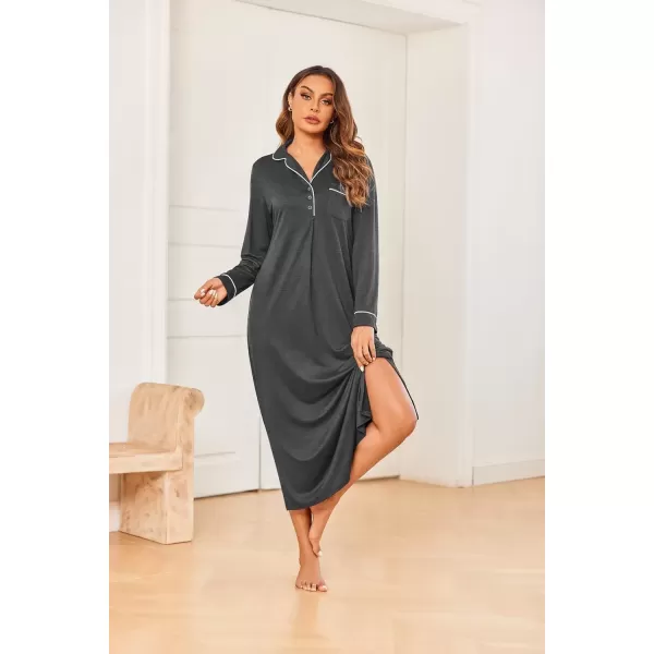 imageEkouaer Nightgowns for Women Long Sleeves Nightgown Soft Sleepwear Button V Neck Sleepshirt Long Nightgown SXXLDark Grey