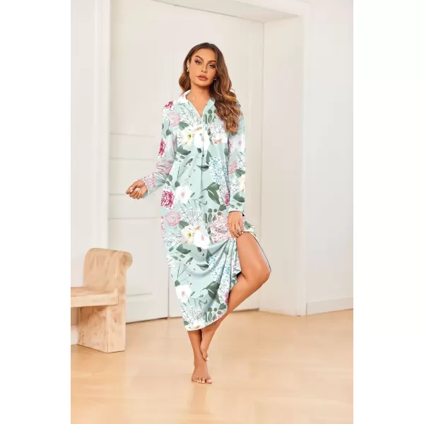 imageEkouaer Nightgowns for Women Long Sleeves Nightgown Soft Sleepwear Button V Neck Sleepshirt Long Nightgown SXXLGreen Pink Flower