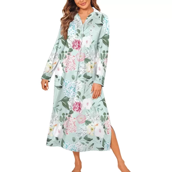 imageEkouaer Nightgowns for Women Long Sleeves Nightgown Soft Sleepwear Button V Neck Sleepshirt Long Nightgown SXXLGreen Pink Flower