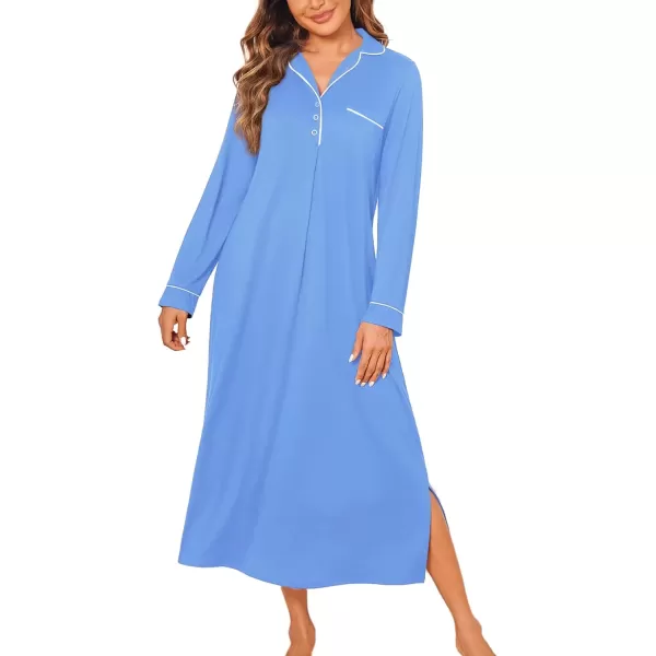 imageEkouaer Nightgowns for Women Long Sleeves Nightgown Soft Sleepwear Button V Neck Sleepshirt Long Nightgown SXXLLight Blue