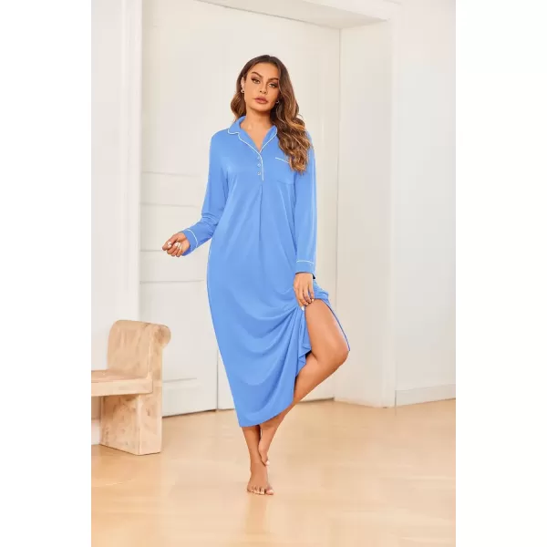 imageEkouaer Nightgowns for Women Long Sleeves Nightgown Soft Sleepwear Button V Neck Sleepshirt Long Nightgown SXXLLight Blue
