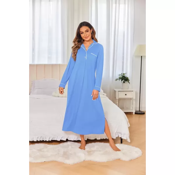 imageEkouaer Nightgowns for Women Long Sleeves Nightgown Soft Sleepwear Button V Neck Sleepshirt Long Nightgown SXXLLight Blue