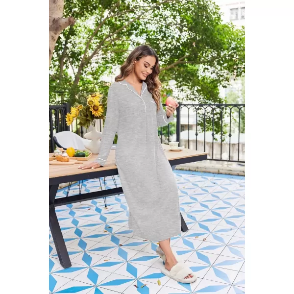 imageEkouaer Nightgowns for Women Long Sleeves Nightgown Soft Sleepwear Button V Neck Sleepshirt Long Nightgown SXXLLight Grey