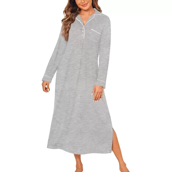 imageEkouaer Nightgowns for Women Long Sleeves Nightgown Soft Sleepwear Button V Neck Sleepshirt Long Nightgown SXXLLight Grey