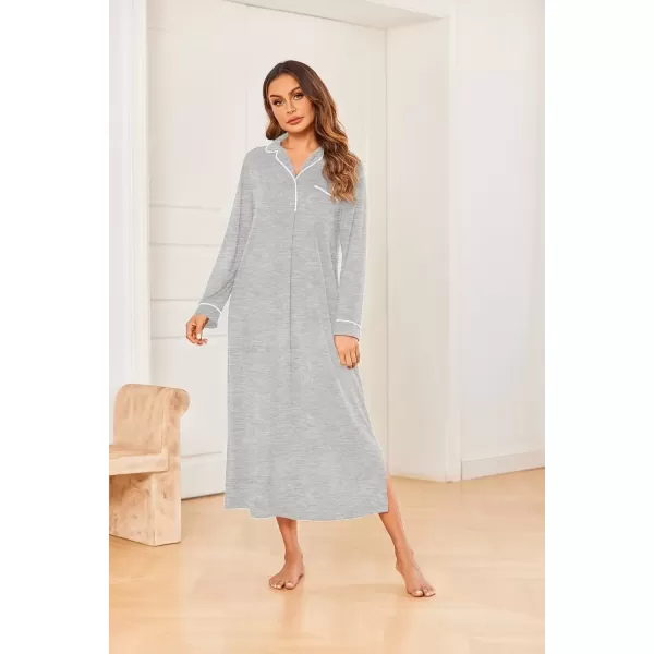 imageEkouaer Nightgowns for Women Long Sleeves Nightgown Soft Sleepwear Button V Neck Sleepshirt Long Nightgown SXXLLight Grey