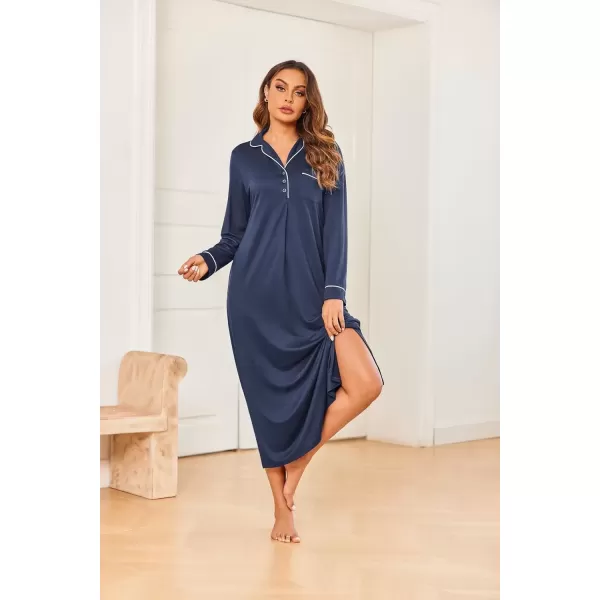 imageEkouaer Nightgowns for Women Long Sleeves Nightgown Soft Sleepwear Button V Neck Sleepshirt Long Nightgown SXXLNavy Blue