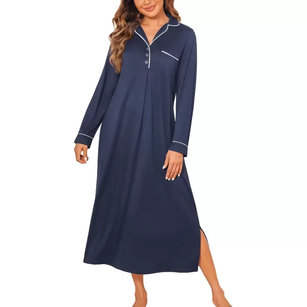 imageEkouaer Nightgowns for Women Long Sleeves Nightgown Soft Sleepwear Button V Neck Sleepshirt Long Nightgown SXXLNavy Blue