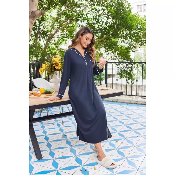 imageEkouaer Nightgowns for Women Long Sleeves Nightgown Soft Sleepwear Button V Neck Sleepshirt Long Nightgown SXXLNavy Blue