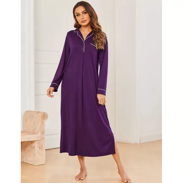 imageEkouaer Nightgowns for Women Long Sleeves Nightgown Soft Sleepwear Button V Neck Sleepshirt Long Nightgown SXXLPurple