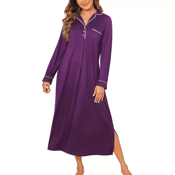 imageEkouaer Nightgowns for Women Long Sleeves Nightgown Soft Sleepwear Button V Neck Sleepshirt Long Nightgown SXXLPurple