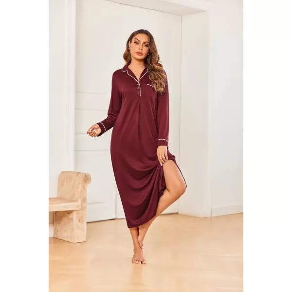 imageEkouaer Nightgowns for Women Long Sleeves Nightgown Soft Sleepwear Button V Neck Sleepshirt Long Nightgown SXXLWine Red