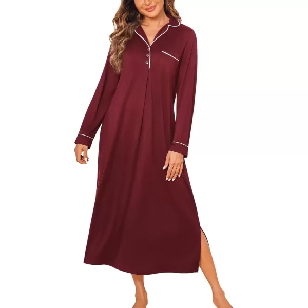 imageEkouaer Nightgowns for Women Long Sleeves Nightgown Soft Sleepwear Button V Neck Sleepshirt Long Nightgown SXXLWine Red