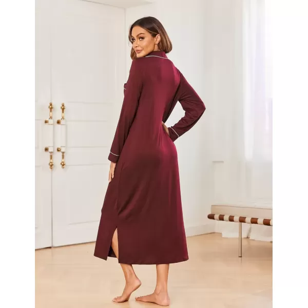 imageEkouaer Nightgowns for Women Long Sleeves Nightgown Soft Sleepwear Button V Neck Sleepshirt Long Nightgown SXXLWine Red