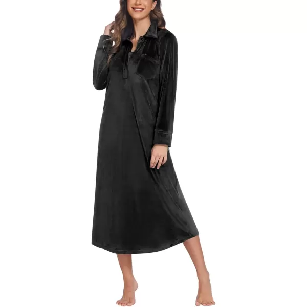 imageEkouaer Women Flannel Nightgown Full Length Boyfriend Nightshirt Plaid Long Sleep Dress with Button Loungewear SXXXLBlack