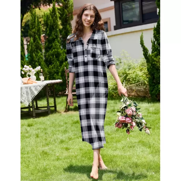 imageEkouaer Women Flannel Nightgown Full Length Boyfriend Nightshirt Plaid Long Sleep Dress with Button Loungewear SXXXLBlack Plaid