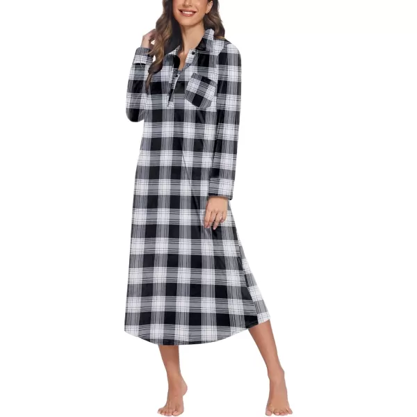 imageEkouaer Women Flannel Nightgown Full Length Boyfriend Nightshirt Plaid Long Sleep Dress with Button Loungewear SXXXLBlack Plaid