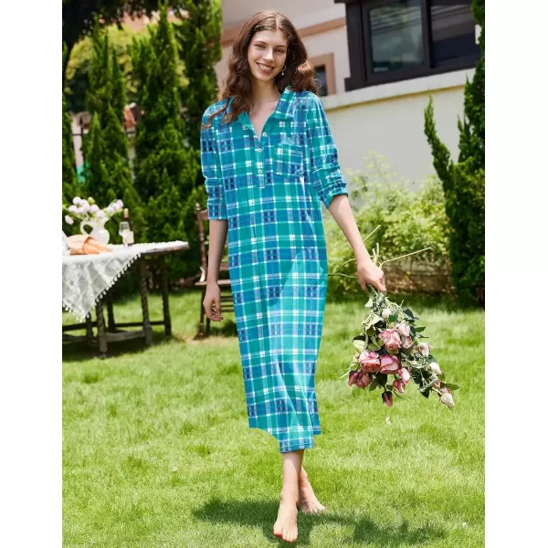 imageEkouaer Women Flannel Nightgown Full Length Boyfriend Nightshirt Plaid Long Sleep Dress with Button Loungewear SXXXLBlue  Green Plaid