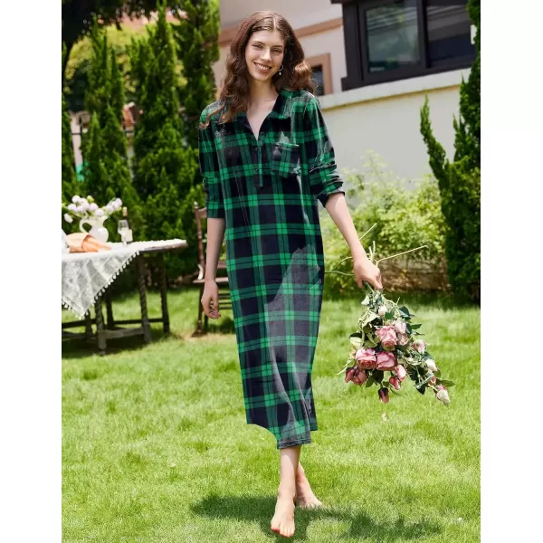 imageEkouaer Women Flannel Nightgown Full Length Boyfriend Nightshirt Plaid Long Sleep Dress with Button Loungewear SXXXLGreen Plaid