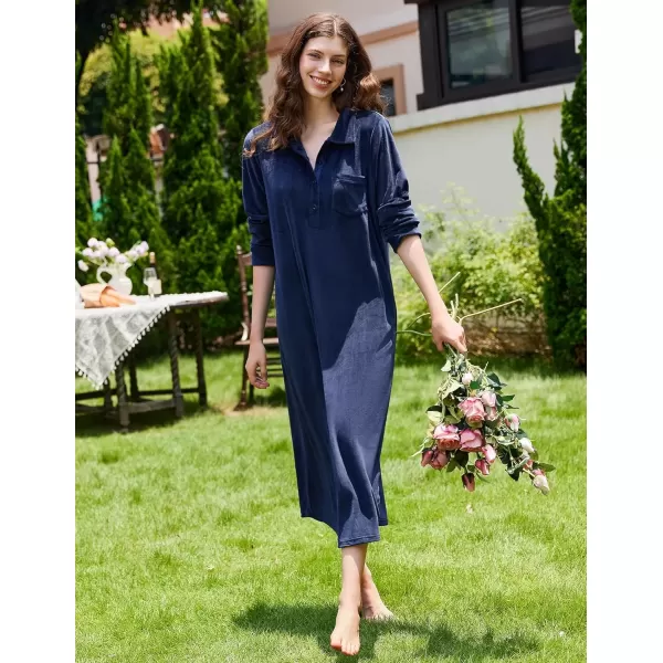 imageEkouaer Women Flannel Nightgown Full Length Boyfriend Nightshirt Plaid Long Sleep Dress with Button Loungewear SXXXLNavy Blue