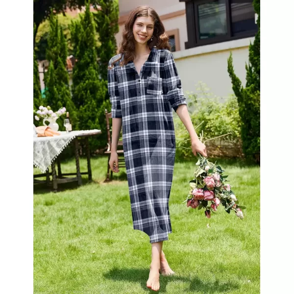 imageEkouaer Women Flannel Nightgown Full Length Boyfriend Nightshirt Plaid Long Sleep Dress with Button Loungewear SXXXLNavy Blue Plaid