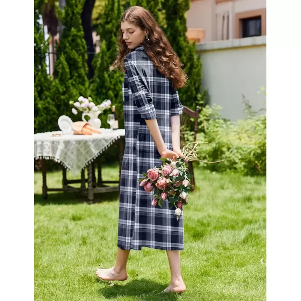 imageEkouaer Women Flannel Nightgown Full Length Boyfriend Nightshirt Plaid Long Sleep Dress with Button Loungewear SXXXLNavy Blue Plaid