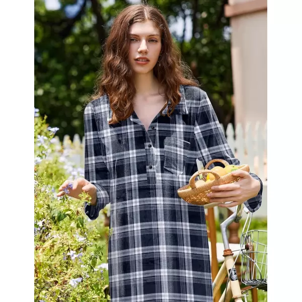 imageEkouaer Women Flannel Nightgown Full Length Boyfriend Nightshirt Plaid Long Sleep Dress with Button Loungewear SXXXLNavy Blue Plaid