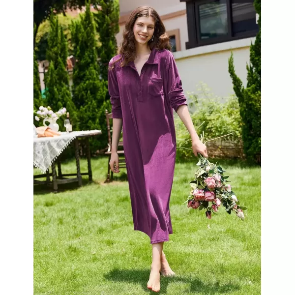 imageEkouaer Women Flannel Nightgown Full Length Boyfriend Nightshirt Plaid Long Sleep Dress with Button Loungewear SXXXLPurple