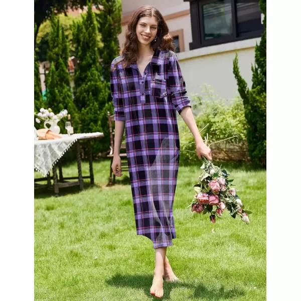 imageEkouaer Women Flannel Nightgown Full Length Boyfriend Nightshirt Plaid Long Sleep Dress with Button Loungewear SXXXLPurple Plaid