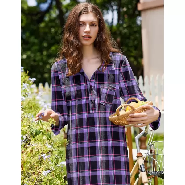 imageEkouaer Women Flannel Nightgown Full Length Boyfriend Nightshirt Plaid Long Sleep Dress with Button Loungewear SXXXLPurple Plaid