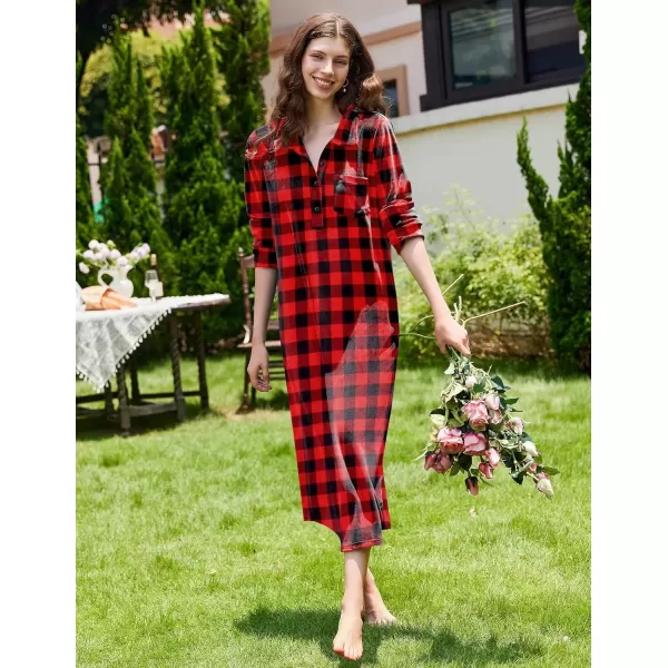 imageEkouaer Women Flannel Nightgown Full Length Boyfriend Nightshirt Plaid Long Sleep Dress with Button Loungewear SXXXLRed  Black Plaid