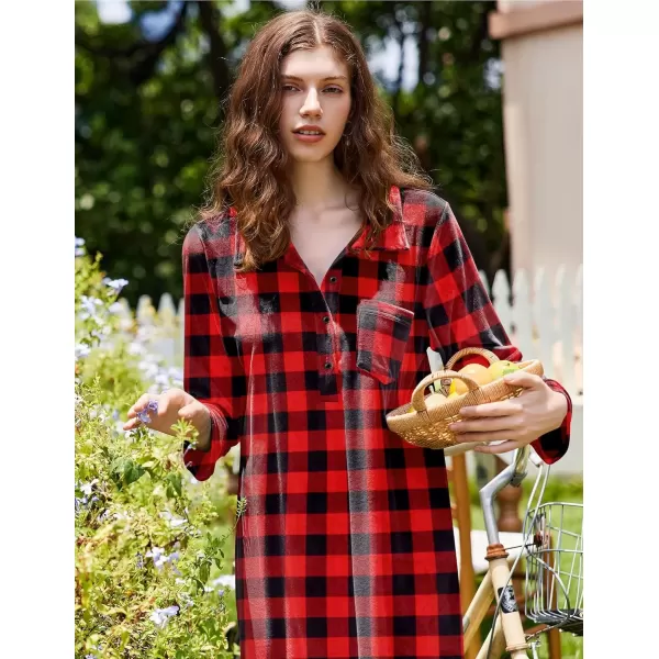 imageEkouaer Women Flannel Nightgown Full Length Boyfriend Nightshirt Plaid Long Sleep Dress with Button Loungewear SXXXLRed  Black Plaid