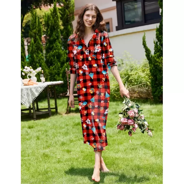 imageEkouaer Women Flannel Nightgown Full Length Boyfriend Nightshirt Plaid Long Sleep Dress with Button Loungewear SXXXLRed Christmas