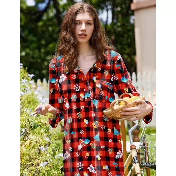 imageEkouaer Women Flannel Nightgown Full Length Boyfriend Nightshirt Plaid Long Sleep Dress with Button Loungewear SXXXLRed Christmas