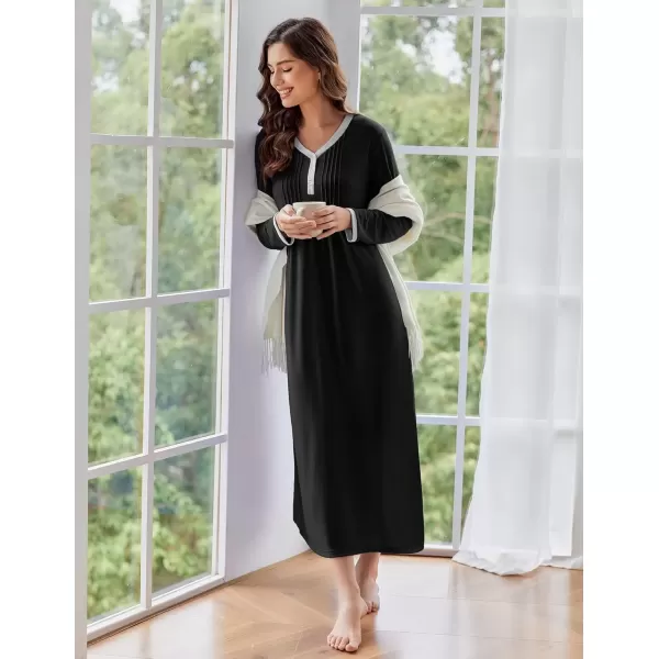 imageEkouaer Womens Long Sleeve Nightgown Full Length Sleepwear Long Sleepshirts Henley Sleep Dress S4XLAablack