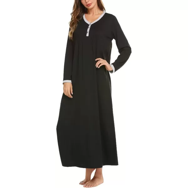 imageEkouaer Womens Long Sleeve Nightgown Full Length Sleepwear Long Sleepshirts Henley Sleep Dress S4XLAablack