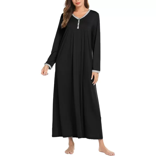 imageEkouaer Womens Long Sleeve Nightgown Full Length Sleepwear Long Sleepshirts Henley Sleep Dress S4XLAablack